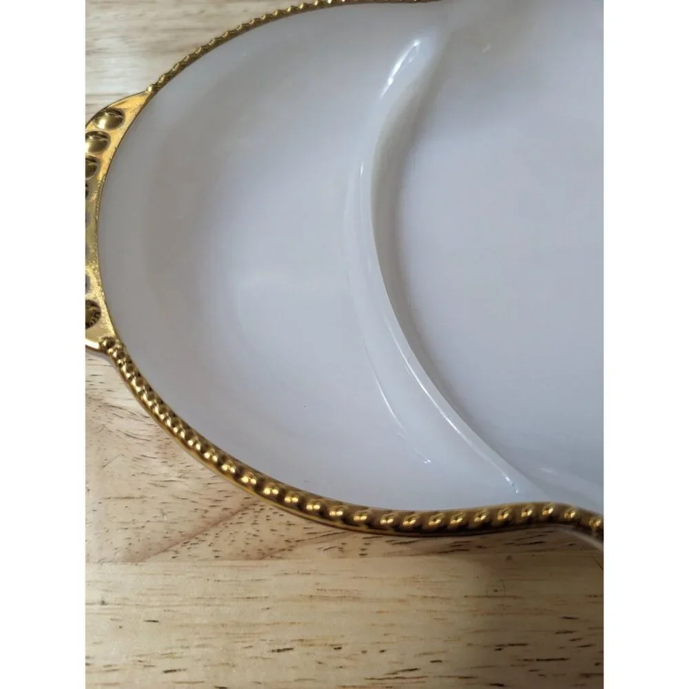 Fire King Milk Glass Divided relish tray gold‎ tone hobnail rim 11x8 inch